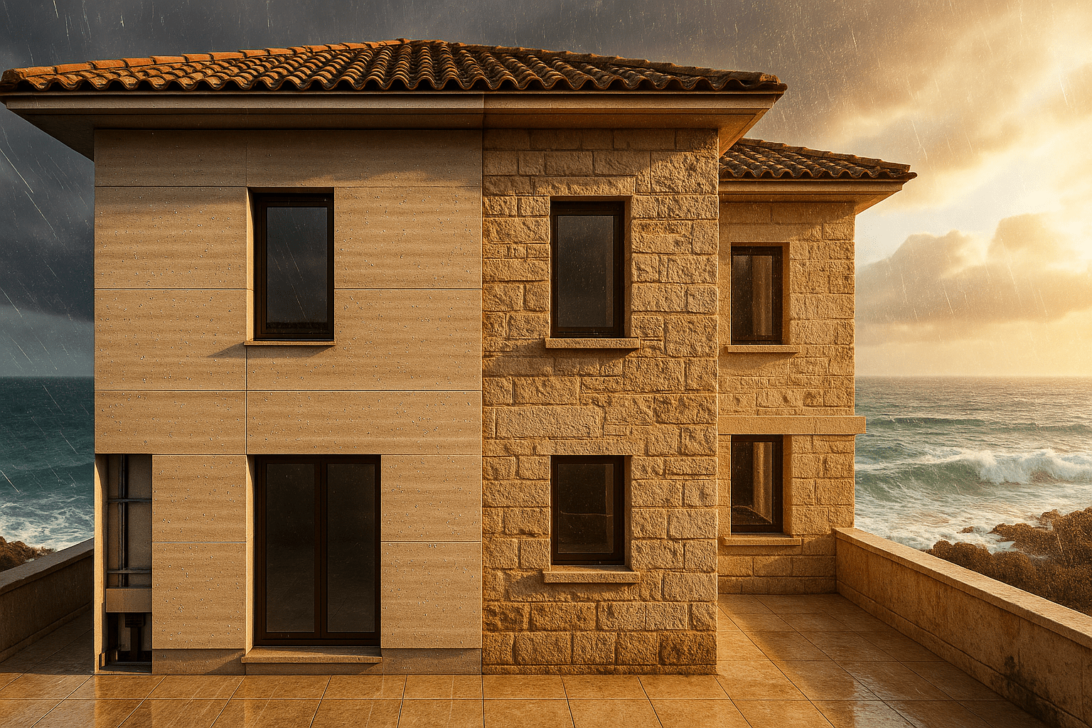 Travertine-Look HPL in Coastal Cyprus: Keeps Out Water, Cuts Repair Bills